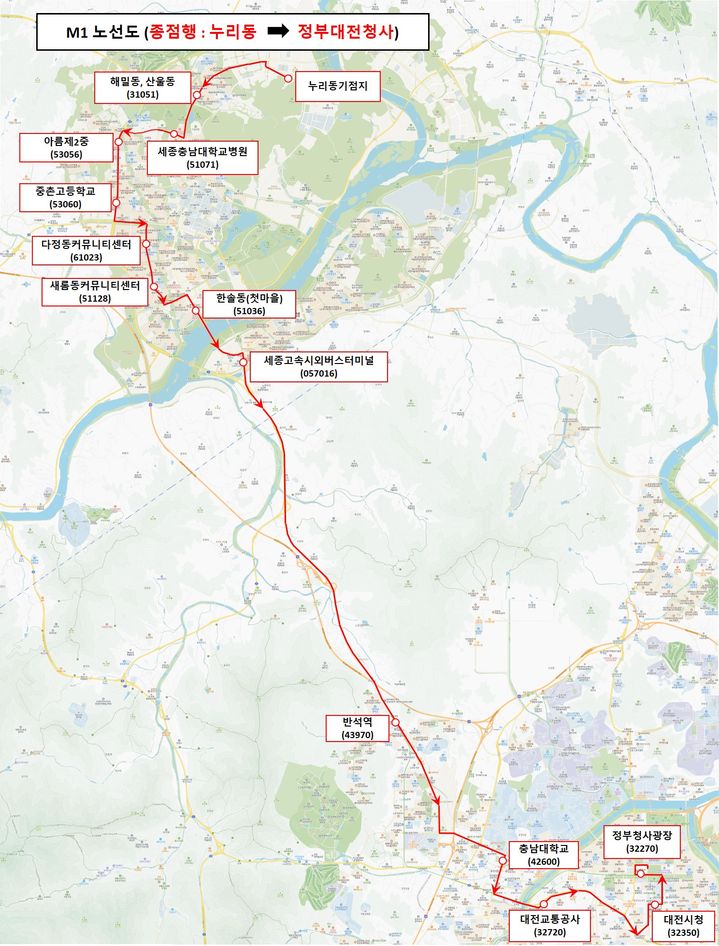 [대전=뉴시스]세종-대전 광역급행버스 M1 노선도. 2024. 08. 28&nbsp; *재판매 및 DB 금지
