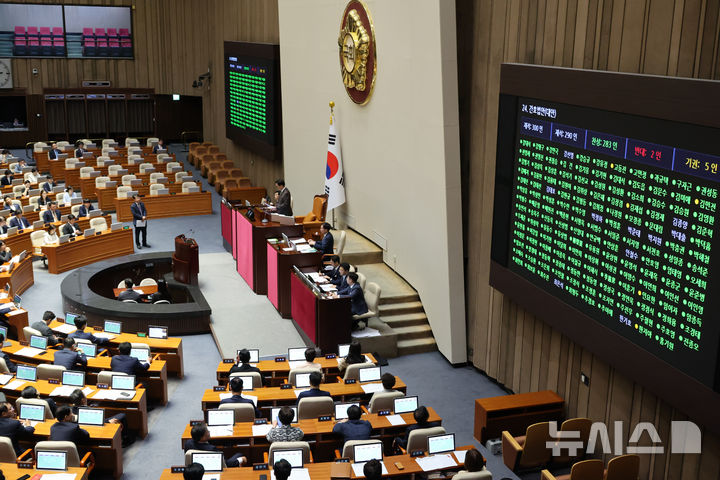 [서울=뉴시스] 조성우 기자 = 28일 오후 서울 여의도 국회에서 열린 제417회국회(임시회) 제417-2차 본회의에서 간호법안(대안)이 재적300인 중 재석 290인, 찬성 283인, 반대 2인, 기권 5인으로 통과되고 있다. 2024.08.28. xconfind@newsis.com