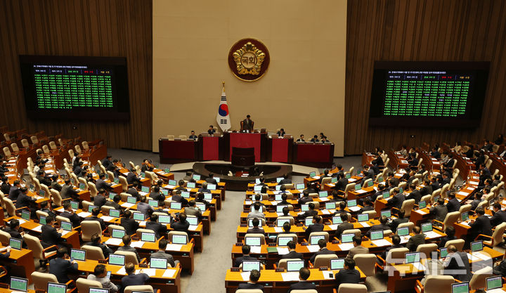 [서울=뉴시스] 고승민 기자 = 지난달 28일 서울 여의도 국회에서 열린 제417회 국회(임시회) 제2차 본회의에서 전세사기피해자 지원 및 주거안정에 관한 특별법 일부개정법률안(대안)이 재석 295인, 찬성 295인으로 가결되고 있다. 2024.08.28. kkssmm99@newsis.com