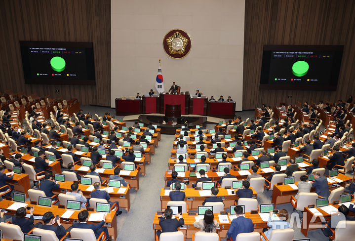 [서울=뉴시스] 고승민 기자 = 대한간호협회 회원들이 28일 서울 여의도 국회에서 열린 제417회 국회(임시회) 제2차 본회의에서 전세사기피해자 지원 및 주거안정에 관한 특별법 일부개정법률안(대안)이 재석 295인, 찬성 295인으로 가결되고 있다. 2024.08.28. kkssmm99@newsis.com