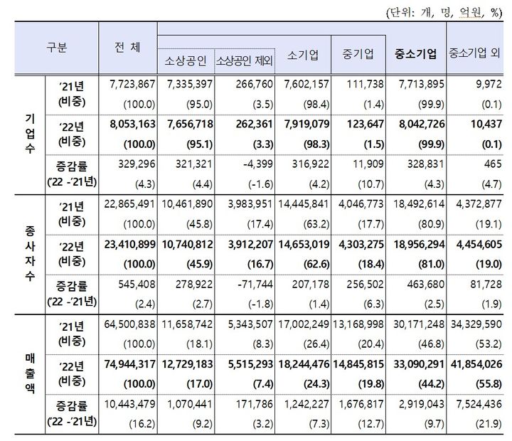 [서울=뉴시스]2022년 기준 중소기업 현황.(사진=중소기업중앙회 제공) *재판매 및 DB 금지