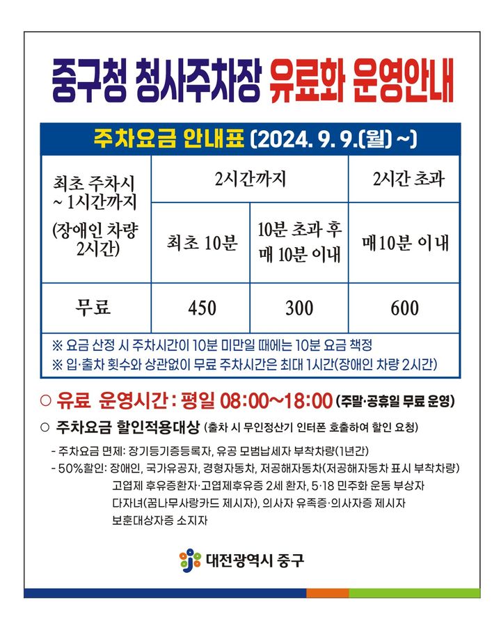 [대전=뉴시스] 대전 중구청사 부설주차장 요금. *재판매 및 DB 금지