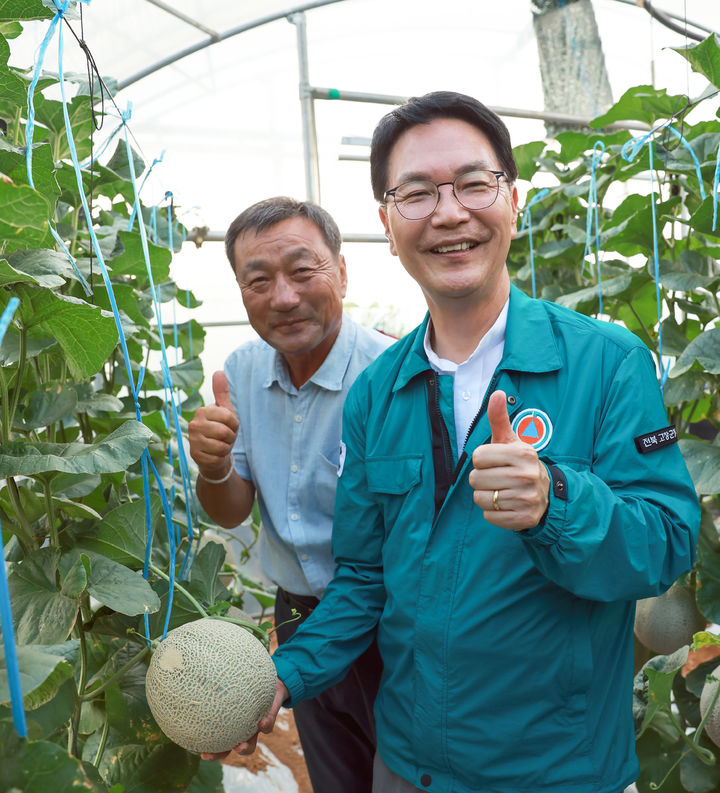 '고창수박'에 이어 한국대표 멜론으로 '고창멜론'이 입소문을 타며 큰 인기를 끌고 있다. 고창멜론 재배농가를 방문한 심덕섭 고창군수가 멜론수확 농가를 방문해 사진을 찍고 있다. *재판매 및 DB 금지