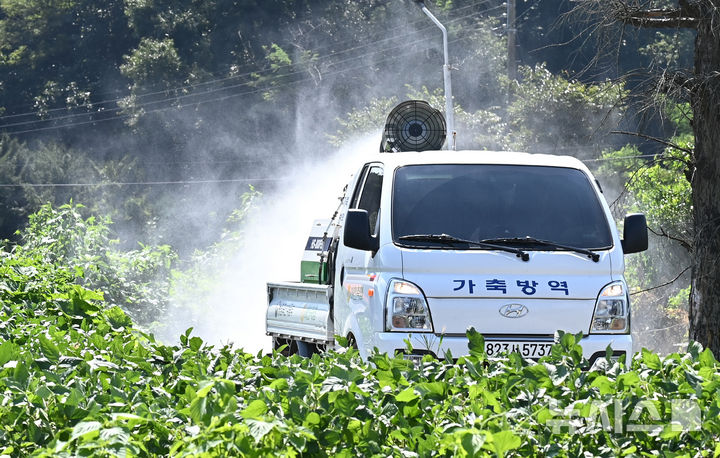 [이천=뉴시스] 김종택 기자 = 소 바이러스성 질병인 럼피스킨병이 발생한 경기도 이천시 한 젖소농장 인근에서 1일 방역 차량이 소독작업을 하고 있다. 2024.09.01. jtk@newsis.com