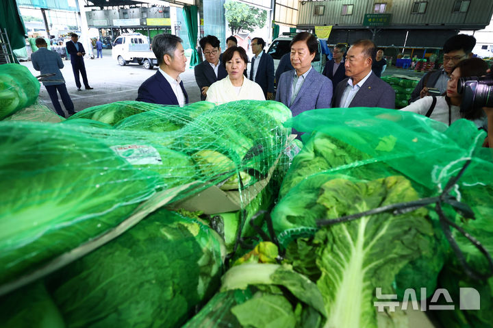 [서울=뉴시스] 전신 기자 = 송미령 농림축산식품부 장관이 2일 서울 송파구 가락농수산물종합도매시장을 찾아 추석 성수품 수급 상황을 점검하고 있다. 2024.09.02. photo@newsis.com