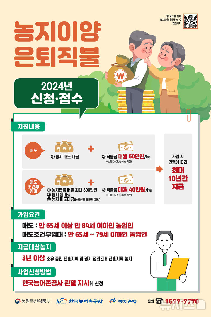 [광주=뉴시스] 한국농어촌공사가 고령 농업인의 안정적인 노후 생활 지원을 위해 시행하는 '농지이양 은퇴직불사업' 홍보 포스터. (사진=농어촌공사 제공) 2024.09.04. photo@newsis.com  *재판매 및 DB 금지