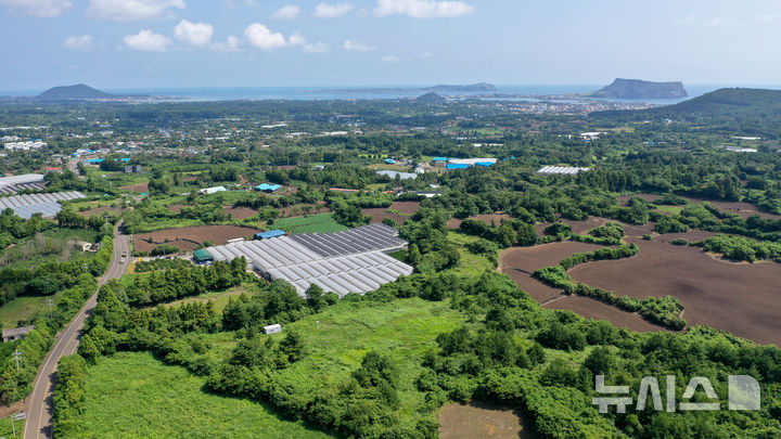 [서귀포=뉴시스] 우장호 기자 = 국토교통부는 6일자로 '제주 제2공항 건설사업' 기본계획 고시를 예고했다. 이번에 고시되는 기본계획에 따르면, 제주 제2공항 건설사업의 총사업비는 5조4532억원(1단계 사업 기준)으로, 주요 시설로는 활주로, 유도로, 계류장, 여객터미널, 화물터미널 등이 포함된다.&nbsp; 국토부는 기본계획 고시에 이은 후속 절차로 기본설계와 환경영향평가 등에 착수한다. 5일 제주 서귀포시 성산읍 상공에서 제2공항 예정 부지를 바라본 모습. 2024.09.05. woo1223@newsis.com