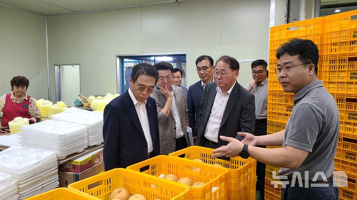 [전주=뉴시스] 김종훈 전북특별자치도 경제부지사(오른쪽 두 번째)가 전주농협 농산물산지유통센터를 방문해 추석 성수품인 사과와 배 등의 출하 동향을 점검하고, 현장 관계자들을 격려하고 있다. *재판매 및 DB 금지