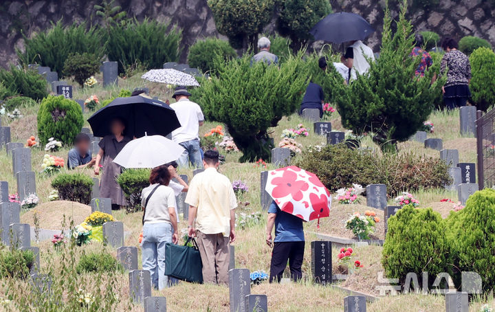 [부산=뉴시스] 하경민 기자 = 추석 연휴를 1주일 가량 앞둔 8일 부산 금정구 영락공원을 찾은 여러 가족들이 조상묘에 대한 벌초와 성묘를 하고 있다. 2024.09.08. yulnetphoto@newsis.com