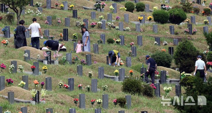 [부산=뉴시스] 하경민 기자 = 추석 연휴를 1주일 가량 앞둔 8일 부산 금정구 영락공원을 찾은 여러 가족들이 조상묘에 대한 벌초와 성묘를 하고 있다. 2024.09.08. yulnetphoto@newsis.com
