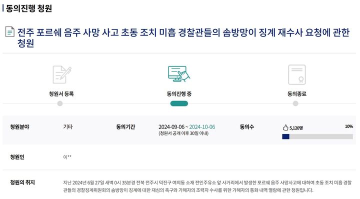 [전주=뉴시스] 지난 6월27일 전북 전주시 덕진구에서 발생한 '음주 포르쉐 사망사고'의 피해자 유족이 징계위원회 재심의와 사건 재수사를 촉구하기 위해 국회 국민동의청원 게시판에 작성한 청원 게시글. (사진=국회 국민동의청원 웹사이트 캡처) 2024.09.09. photo@newsis.com *재판매 및 DB 금지