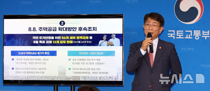 [세종=뉴시스] 강종민 기자 = 박상우 국토교통부 장관이 9일 세종시 정부세종청사에서 열린 출입기자 간담회에서 최근 주택시장 동향과 8.8 주택공급 확대방안 후속조치 등을 발표하고 있다. 2024.09.09. ppkjm@newsis.com