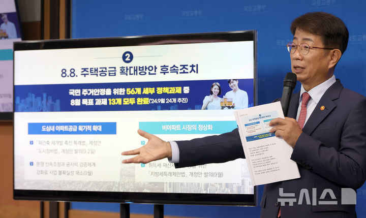 [세종=뉴시스] 강종민 기자 = 박상우 국토교통부 장관이 9일 세종시 정부세종청사에서 열린 출입기자 간담회에서 최근 주택시장 동향과 8.8 주택공급 확대방안 후속조치 등을 발표하고 있다. 2024.09.09. ppkjm@newsis.com