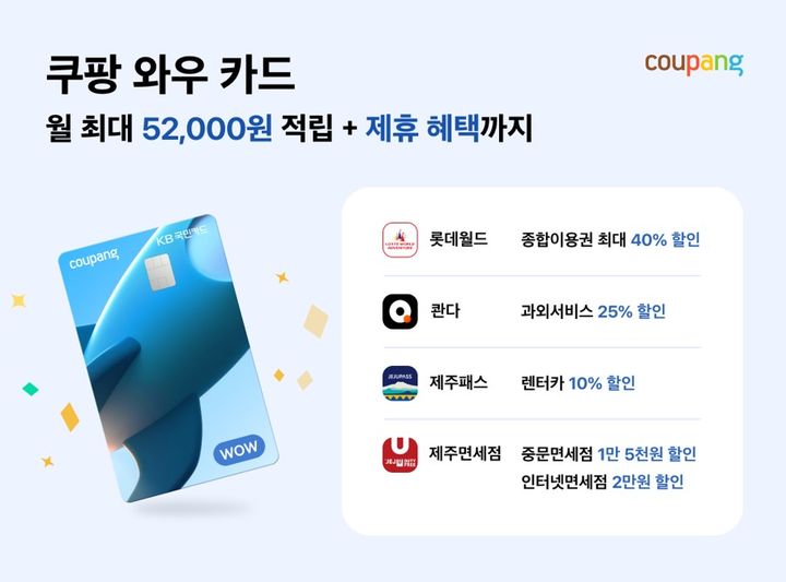 [서울=뉴시스] 쿠팡은 와우 멤버십 회원들을 위해 출시한 '쿠팡 와우 카드' 고객을 위해 롯데월드 어드벤처 종합이용권 할인을 비롯한 다양한 혜택을 추가했다고 11일 밝혔다. (사진=쿠팡 제공) *재판매 및 DB 금지