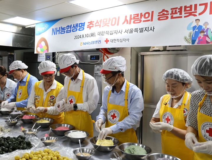 [서울=뉴시스]NH농협생명이 10일 쌀 10만 포대를 대한적십자사에 전달했다. 쌀 전달식과 함께 윤해진 농협생명  대표(오른쪽 네 번째), 김철수 대한적십자사 회장(왼쪽 두 번째)와 농협생명 임직원들이 송편빚기 봉사를 진행했다.(사진=NH농협생명 제공)2024.09.11 photo@newsis.com *재판매 및 DB 금지