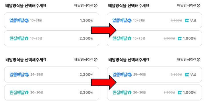 배민클럽 가입 전(좌)과 후 한집배달과 알뜰배달 배달비 차이. (사진=배달의민족 앱 캡처) *재판매 및 DB 금지
