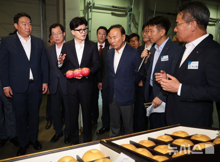 [안성=뉴시스] 김금보 기자 = 한동훈 국민의힘 당대표가 12일 경기도 안성시 농협안성농식품물류센터에서 최고위원회의에 앞서 추석 성수품 출하 현장을 시찰하고 있다. 2024.09.12. kgb@newsis.com