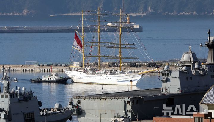 [부산=뉴시스] 하경민 기자 = 인도네시아 해군 실습선 '비마수치함'(KRI BIMA SUCI·2350t)이 13일 오전 부산 남구 해군작전사령부 부산작전기지에 입항하고 있다.  비마수치함은 길이 111m, 폭 13.5m 규모의 대형 범선으로, 이번 부산 방문은 2019년에 이어 2번째다. 2024.09.13. yulnetphoto@newsis.com