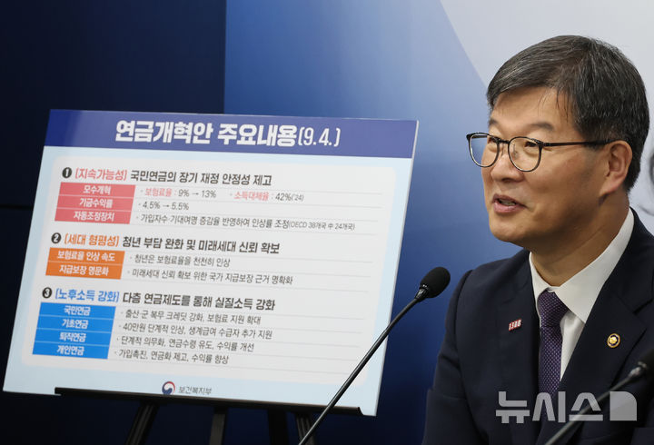 [서울=뉴시스] 김명원 기자 = 이기일 보건복지부 1차관이 지난해 9월 13일 서울 종로구 정부서울청사에서 열린 연금개혁 추진개혁안에 대해 '긴급진단 연금개혁안을 논하다' 주제로 전문가의 의견을 듣는 시리즈, 첫번째 토론형 브리핑을 하고 있는 모습. 2024.09.13. kmx1105@newsis.com