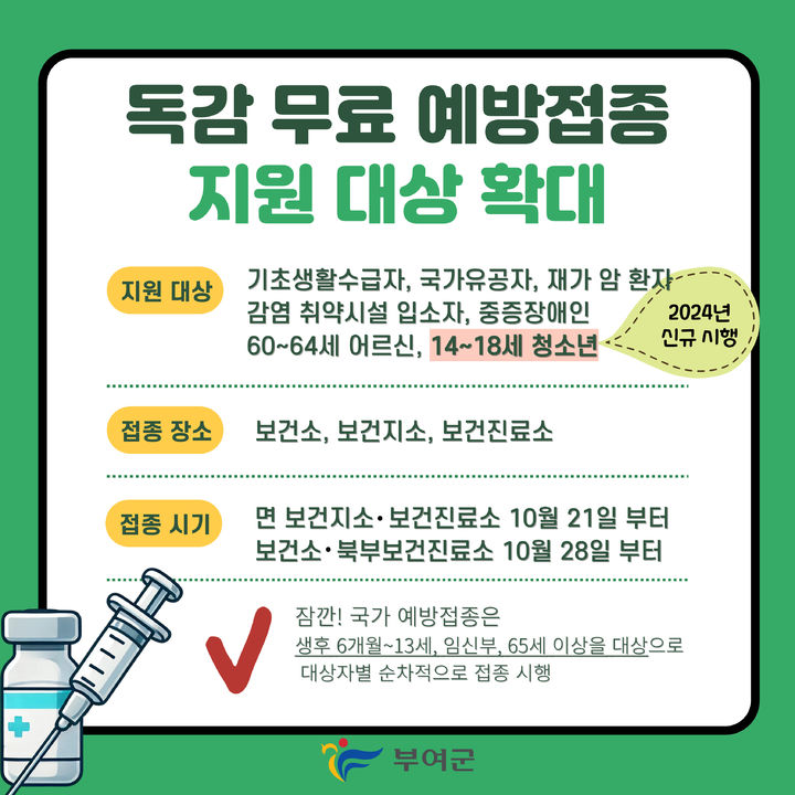 [부여=뉴시스] 부여군 자체 독감 무료 예방접종사업. (사진=부여군 제공) 2024.09.20. photo@newsis.com  *재판매 및 DB 금지