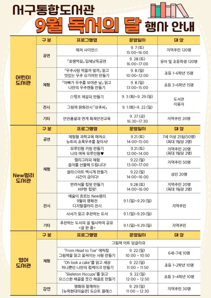 [대구=뉴시스] 대구 서구통합도서관 독서의 달 행사 계획. (사진=대구시 서구 제공) 2024.09.23. photo@newsi.com *재판매 및 DB 금지