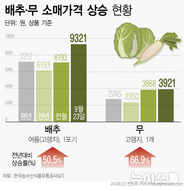 [서울=뉴시스] 23일 한국농수산식품유통공사(aT) 농산물유통정보(KAMIS)에 따르면 이날 기준 여름 고랭지 배추 상(上)품 소매가격은 포기당 9321원으로 전월대비 50.5% 상승했다. 배춧값은 지난달 7000원대에 진입 후 지난주 9000원대까지 치솟았다. 고랭지 무도 4000원에 육박했다. (그래픽=전진우 기자) 618tue@newsis.com