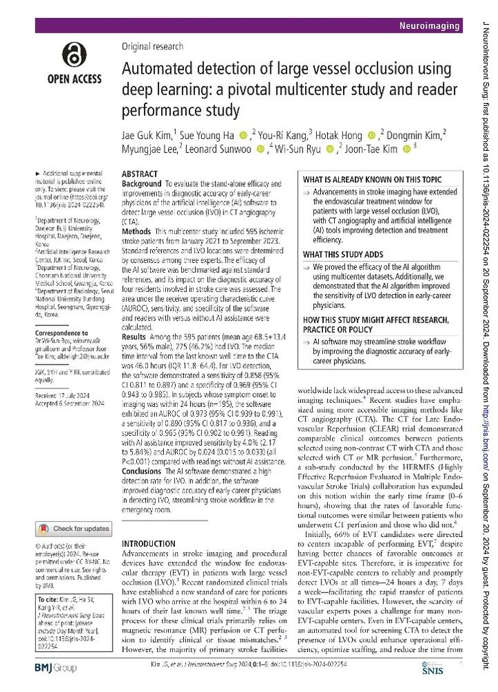 제이엘케이는 인공지능(AI) 기반 대혈관폐색 검출 솔루션(JLK-LVO)의 두 번째 검증 논문을 뇌졸중 시술 관련 저명 국제학술지인 Journal of Neurointerventional Surgery(JNIS)에 발표하며 대혈관폐색 솔루션의 일관되고 높은 성능을 재차 입증했다고 24일 밝혔다. (사진=제이엘케이 제공) *재판매 및 DB 금지
