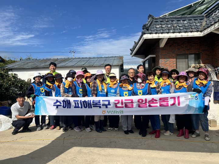 [부산=뉴시스] 부산농협은 24일 집중호우로 침수 피해를 본 부산 강서구 둔치도 소재 농가를 찾아 수해복구를 위한 일손 돕기에 나섰다. (사진=부산농협 제공) 2024.09.24. photo@newsis.com *재판매 및 DB 금지