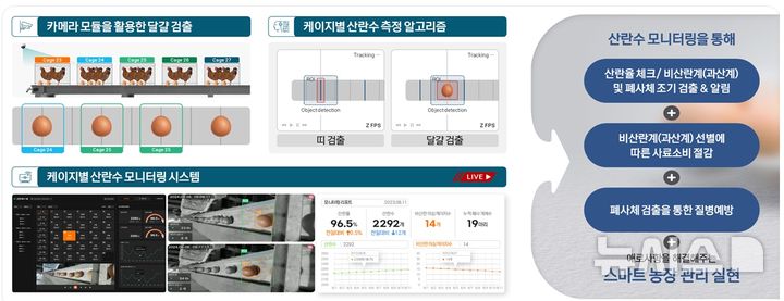 [세종=뉴시스]농촌진흥청은 달걀 모음기(집란벨트) 위에서 이동하는 달걀을 인공지능 기술로 자동 인식하고, 케이지별로 수집한 달걀 수를 분석해 비산란계와 과산계를 구분하는 기술을 개발했다.(사진=농진청 자료 캡쳐)