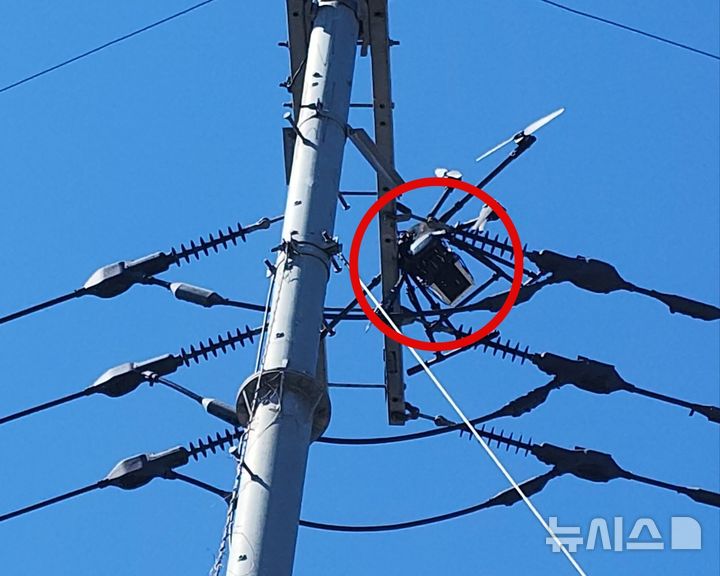 [인천=뉴시스] 이루비 기자 = 지난 24일 오후 인천 서구 왕길동 한 전신주 전선에 걸린 드론. (사진=인천소방본부 제공) 2024.09.25. photo@newsis.com