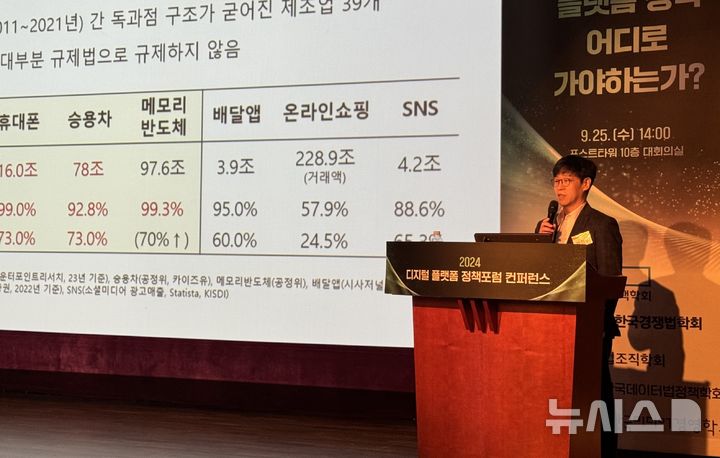 [서울=뉴시스] 윤정민 기자 = 과학기술정보통신부는 25일 오후 서울 중구 포스트타워에서 '디지털플랫폼 정책포럼 컨퍼런스'를 열었다. 박민수 성균관대 교수가 '합리적인 플랫폼 정책 방향에 대한 제언'을 주제로 발제하고 있다. 2024.09.25. alpaca@newsis.com