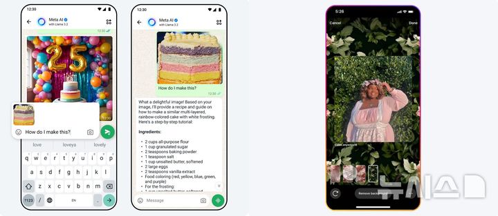 [서울=뉴시스] 메타는 25일(현지시각) 미국 캘리포니아주 멘로파크 본사에서 개발자 콘퍼런스 '커넥트 2024'를 열고 메타 AI 업데이트 소식을 발표했다. 사진에 대한 정보를 유추하거나 편집하는 기능도 업데이트했는데 요리하고 싶은 음식 사진을 올리면 해당 음식이 무엇인지 파악하고 이에 대한 요리법(사진 왼쪽)을 알려준다. 인스타그램에 사진을 스토리로 공유할 때 AI가 사진 내용을 파악한 뒤 이에 적합한 뒷배경(사진 오른쪽)도 만들어준다. (사진=메타 블로그 캡처)