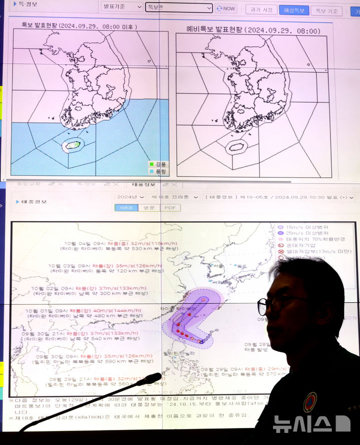 [서울=뉴시스] 김명원 기자 = 29일 서울 종로구 정부서울청사 상황실에 설치된 레이더 영상에 제18호 태풍 끄라톤 진행 방향이 보여지고 있다. 이날 이상민 행정안전부 장관은 제18호 태풍 끄라톤 대비 관계기관 대책회의를 열었다. 2024.09.29. kmx1105@newsis.com