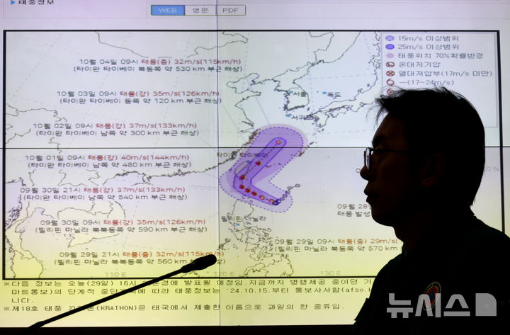 [서울=뉴시스] 김명원 기자 = 지난 29일 서울 종로구 정부서울청사 상황실에 설치된 레이더 영상에 제18호 태풍 끄라톤 진행 방향이 보여지고 있다. 이날 이상민 행정안전부 장관은 제18호 태풍 끄라톤 대비 관계기관 대책회의를 열었다. 2024.09.29. kmx1105@newsis.com