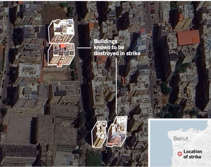 이스라엘군이 27일 하산 나스랄라 등 헤즈볼라의 지도부가 있는 본부가 지하에 있는 건물을 폭격하기 전의 건물.(사진 NYT 캡처) 2024.09.30  *재판매 및 DB 금지