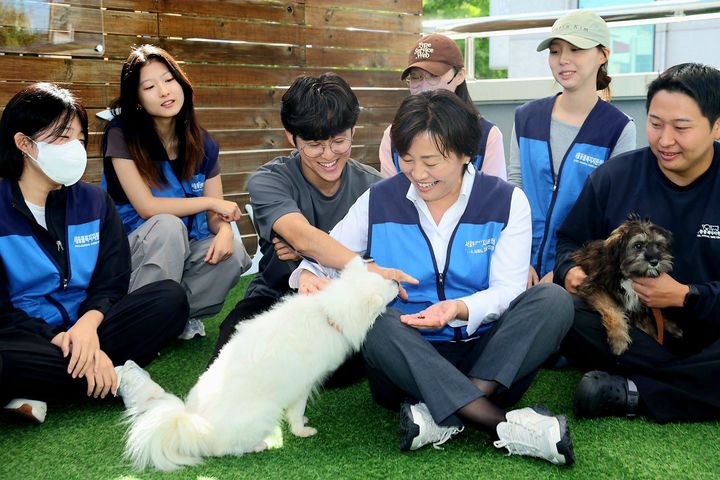 [서울=뉴시스] 송미령 농림축산식품부 장관이 2일 서울 동대문구 동물복지지원센터를 방문해 입양을 기다리고 있는 사회화 훈련 봉사에 참여하고 있다. (사진=농림축산식품부 제공) 2024.10.02. photo@newsis.com *재판매 및 DB 금지