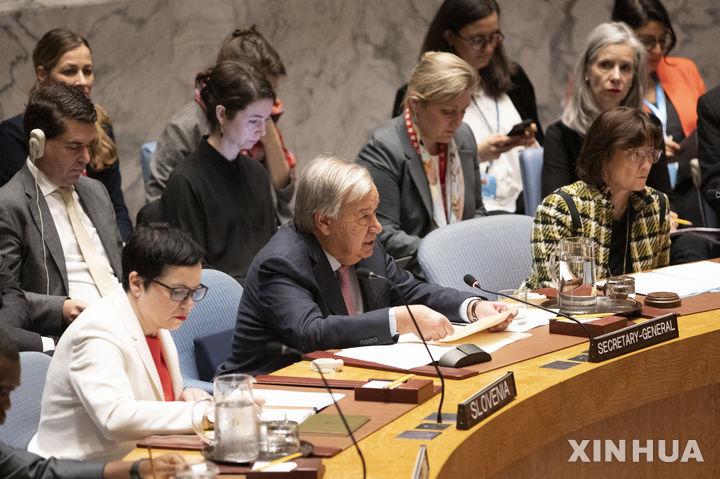 [유엔본부=신화/뉴시스] 안토니우 구테흐스 유엔 사무총장이 유엔본부에서 기자회견을 하고 있다. 자료사진. 2026.02.07