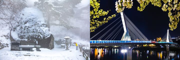 [대구=뉴시스] 제4회 대구 동구 관광사진 공모전 대상 기도(왼쪽)와 금상 동촌 해맞이 다리 야경. (사진=대구시 동구 제공) 2024.10.07, photo@newsis.com *재판매 및 DB 금지