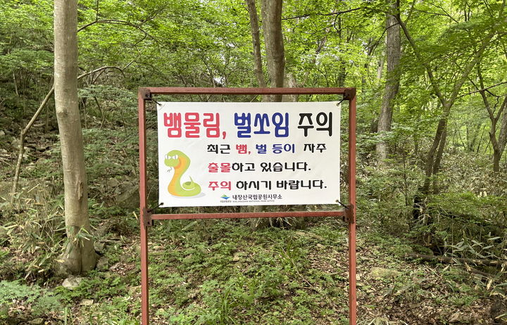 내장산귝립공원 내 벌 쏘임·뱀 물림 사고 주의 안내 표지판. *재판매 및 DB 금지