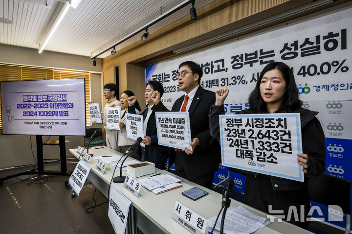 [서울=뉴시스] 정병혁 기자 = 8일 서울 종로구 경제정의실천시민연합에서 열린 윤석열 정부 국정감사 2022-2023 이행현황과 2024 10대 의제 발표 기자회견에서 참석자들이 피켓을 들고 구호를 외치고 있다. 2024.10.08. jhope@newsis.com