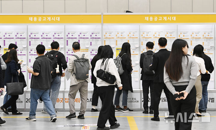 [수원=뉴시스] 김종택 기자 = 지난해 10월 8일 경기도 수원시 영통구 수원컨벤션센터에서 열린 '2024 경기도 KB굿잡(JOB) 페스티벌'을 찾은 구직자들이 채용 공고 게시대를 살펴보고 있다. 2024.10.08. jtk@newsis.com