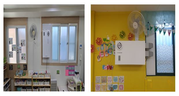 경기 수원 어린이집에 설치된 케이웨더의 창문형(왼쪽)·벽걸이형(오른쪽) AI환기청정기. (사진=케이웨더) *재판매 및 DB 금지