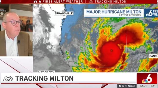 [서울=뉴시스] 지난 8일(현지시각) 미국 NBC와 뉴욕타임스(NYT) 등에 따르면 수십 년간 미국 플로리다에서 활동한 기상학자 존 모랄레스는 전날 미 방송사 NBC6 사우스 플로리다 일기 예보 도중 허리케인 '밀턴'의 위력을 설명하다 목이 메어 말을 잇지 못하는 모습을 보였다. (사진= 엑스 캡처) *재판매 및 DB 금지