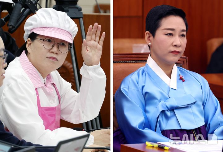 [서울=뉴시스] 조성봉 고승민 기자 = 김재원 (오른쪽 사진)조국혁신당 의원과 정혜경 진보당 의원이 10일 서울 여의도 국회에서 열린 문화체육관광위원회와 환경노동위원회 국정감사에 각각 한복과 조리사 복장을 입고 참석하고 있다.2024.10.10. photo@newsis.com