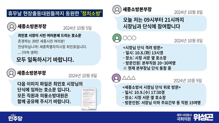 [뉴시스=세종] 최민호 세종시장 단식 농성장 방문을 '종용'하는 듯한 카카오톡 내용을 종합 편집한 내용. 2024.10.11.(사진=위성곤 의원실) *재판매 및 DB 금지