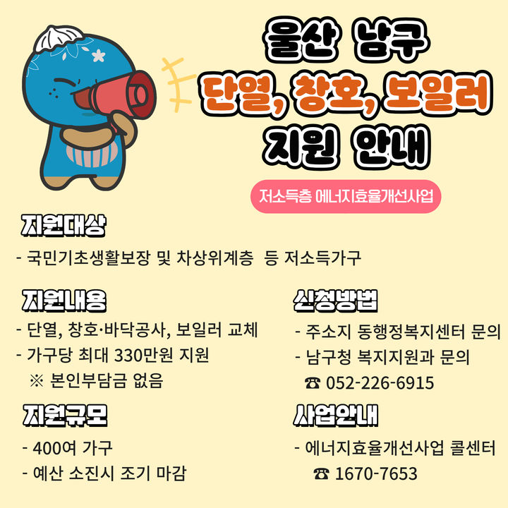 울산 남구, 저소득층 400가구 에너지 효율 개선 지원