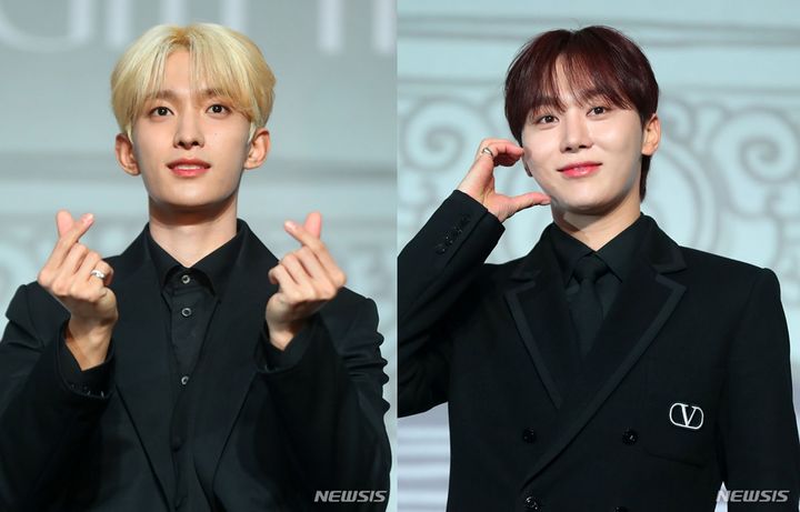 [서울=뉴시스] 김혜진 기자 = 그룹 세븐틴 도겸(왼쪽)과 승관이 29일 오후 서울 영등포구 여의도 콘래드 호텔에서 열린 세븐틴 베스트 앨범 '17 IS RIGHT HERE' 발매 기념 글로벌 기자간담회에서 포즈를 취하고 있다. 2024.04.29. jini@newsis.com *재판매 및 DB 금지