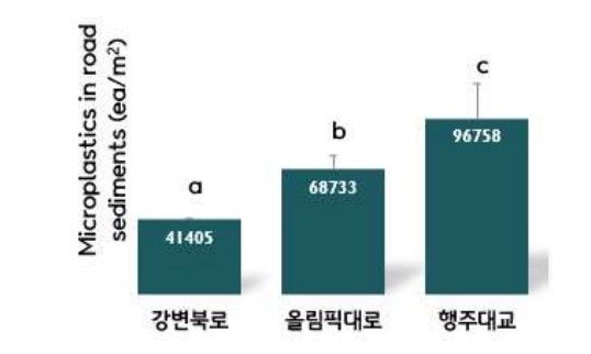 [세종=뉴시스] 강변북로, 올림픽대로, 행주대교의 도로 노면 1㎡당 평균 미세플라스틱 수. (자료=국립환경과학원).  *재판매 및 DB 금지