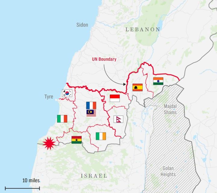 레바논 남부 유엔평화유지군(유니필)의 각 국 주둔 지역. 지중해 연안 한국군이 주둔한 지역에 태극기가 표시되어 있다. (출처: 텔레그라프 캡처) 2024.10.15.   *재판매 및 DB 금지