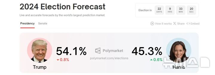 [서울=뉴시스]미 대선 예측 거래 사이트 폴리마켓(Polymarket)의 홈페이지. 2024.10.16.